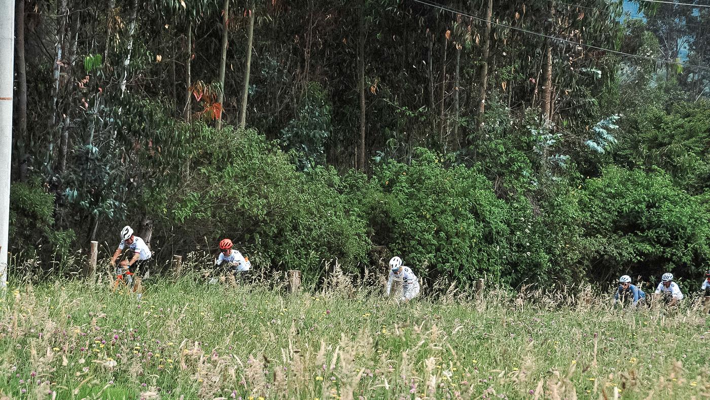 Cyclists riding through a flowering field in Boyacá